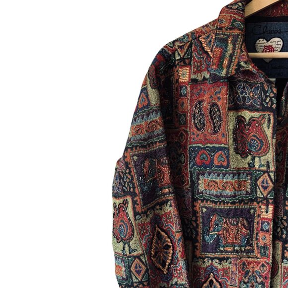 Vtg Chico's Tapestry Jacket Shacket Button Front Boho Beaded Embroidery Artsty - Picture 15 of 16